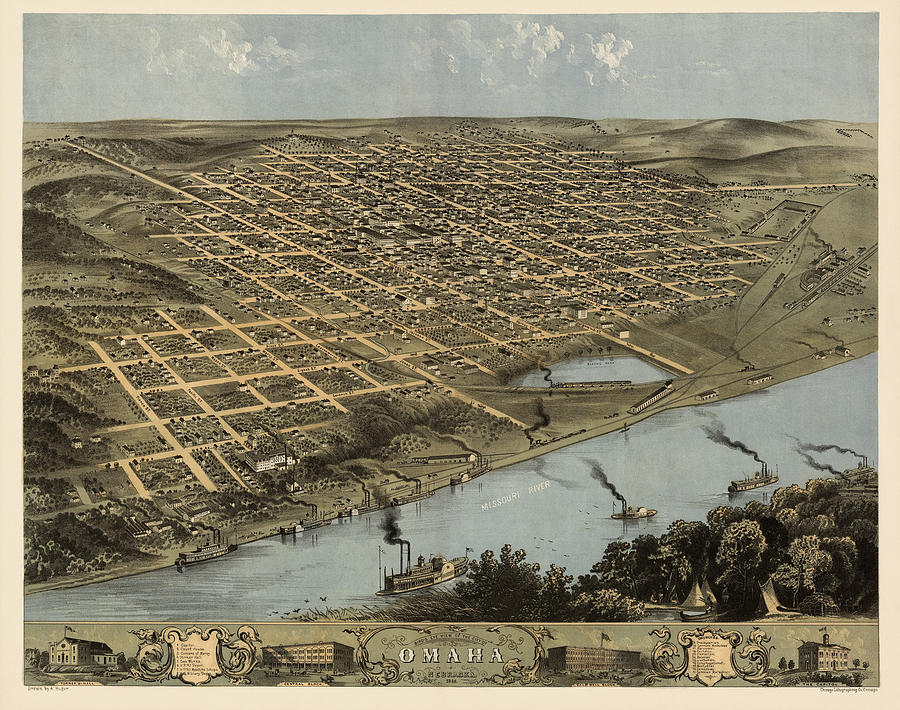 Antique Map of Omaha Nebraska by A. Ruger - 1868 Drawing by Blue Monocle