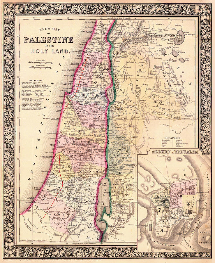 Antique Map of Palestine or Holy Land 1864 Drawing by Mountain Dreams ...