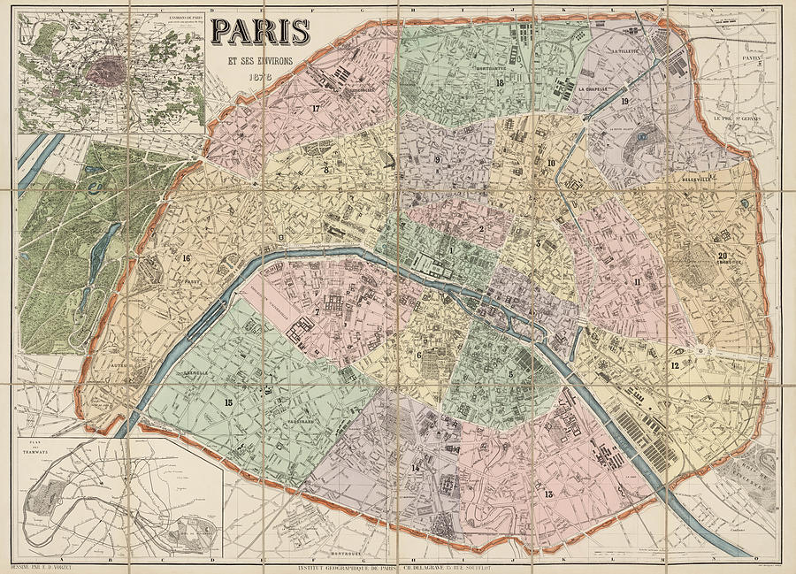 Antique Map of Paris France by Delagrave - 1878 Drawing by Blue Monocle
