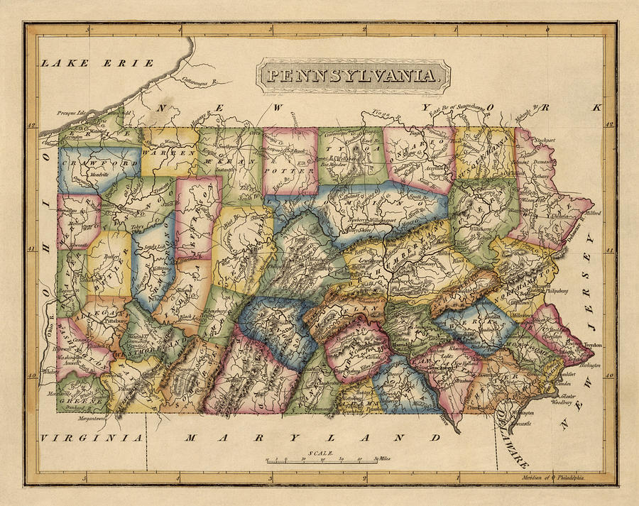 Antique Map of Pennsylvania by Fielding Lucas - circa 1817 Drawing by Blue Monocle