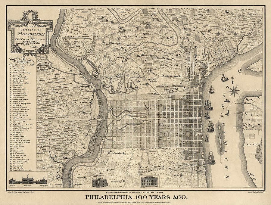 Philadelphia Drawing - Antique Map of Philadelphia by P. C. Varte - 1875 by Blue Monocle