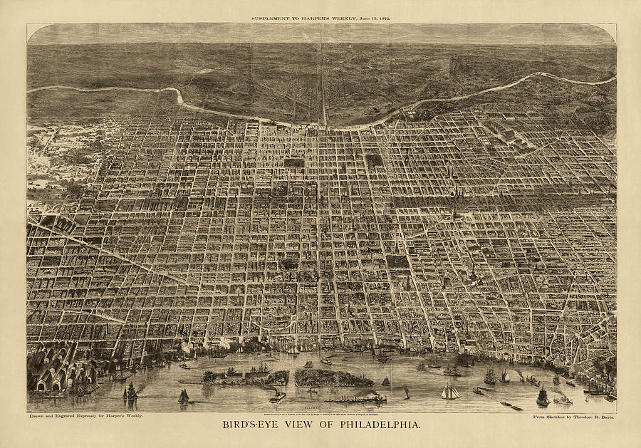 Philadelphia Drawing - Antique Map of Philadelphia by Theodore R. Davis - 1872 by Blue Monocle