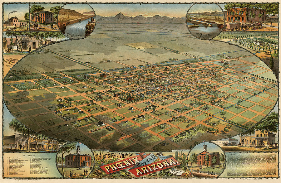 Antique Map of Phoenix Arizona by C.J. Dyer - circa 1885 Drawing by Blue Monocle