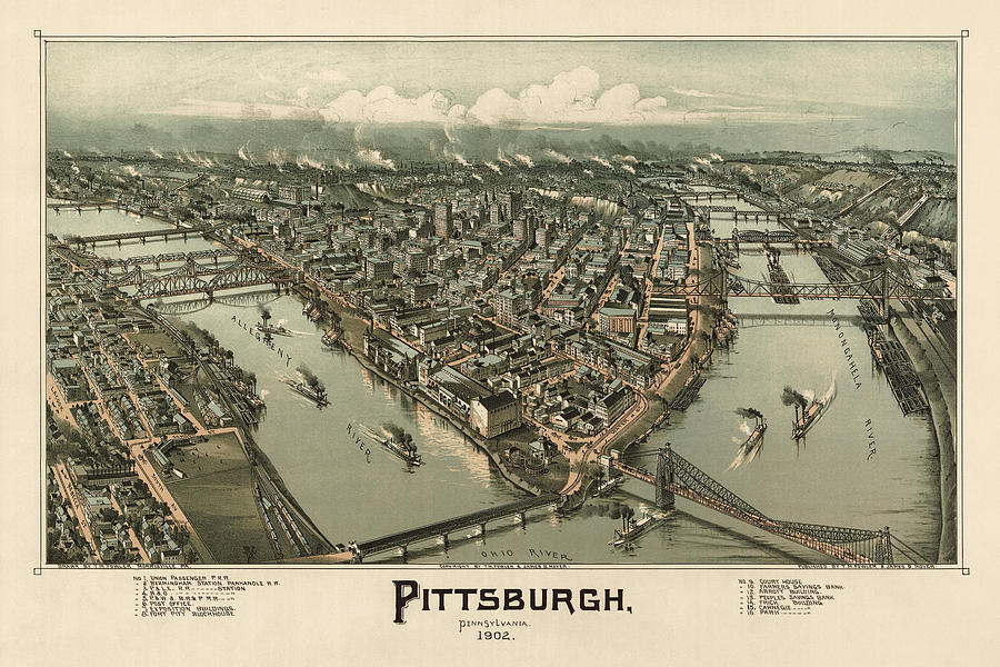 Pittsburgh Drawing - Antique Map of Pittsburgh Pennsylvania by T. M. Fowler - 1902 by Blue Monocle