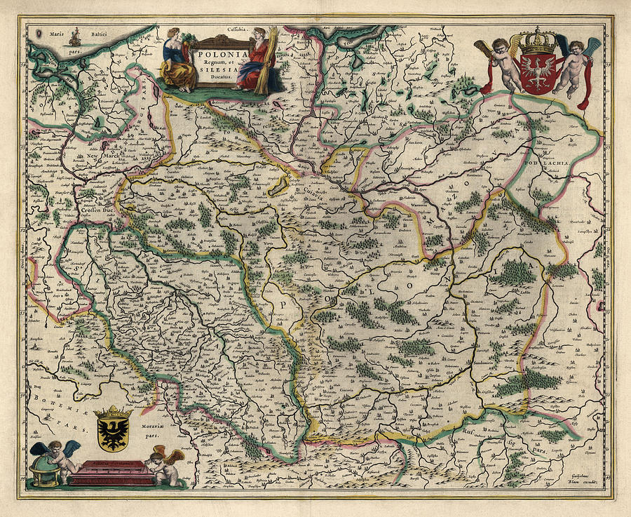 Antique Map of Poland by Willem Janszoon Blaeu - 1647 Drawing by Blue Monocle