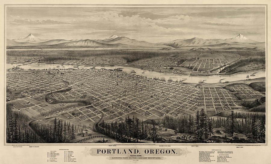 Antique Map of Portland Oregon by E.S. Glover - 1879 Drawing by Blue Monocle