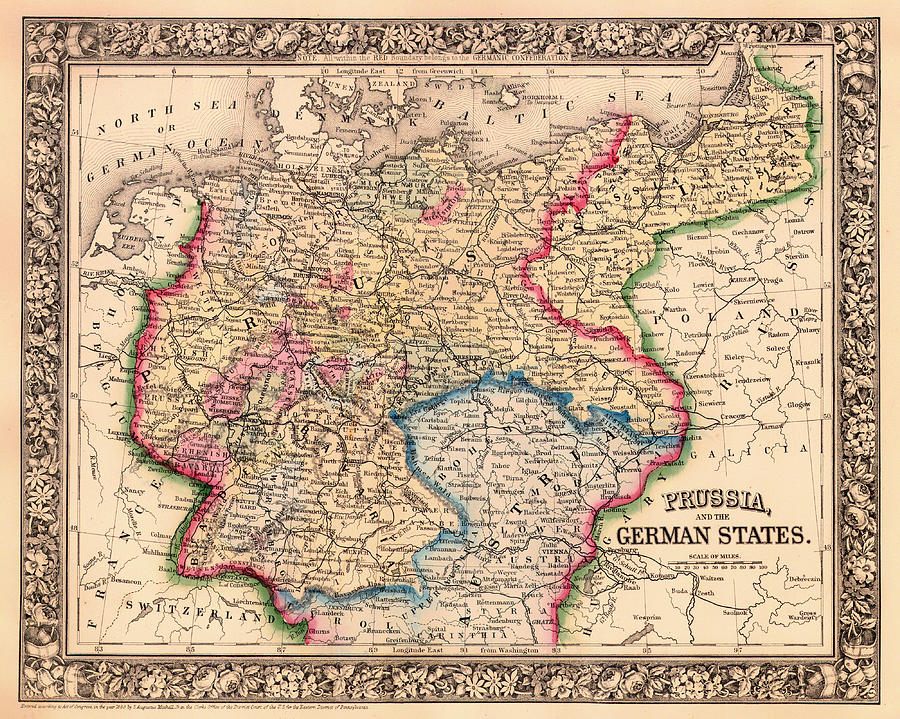 Antique Map Of Prussia And The German States 1860 Drawing By Mountain   Antique Map Of Prussia And The German States 1860 Mountain Dreams 