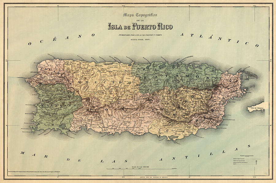 Puerto Rico Map Drawing - Antique Map of Puerto Rico - 1886 by Blue Monocle