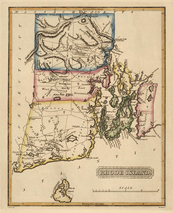 Antique Map of Rhode Island by Fielding Lucas - circa 1817 Drawing by Blue Monocle