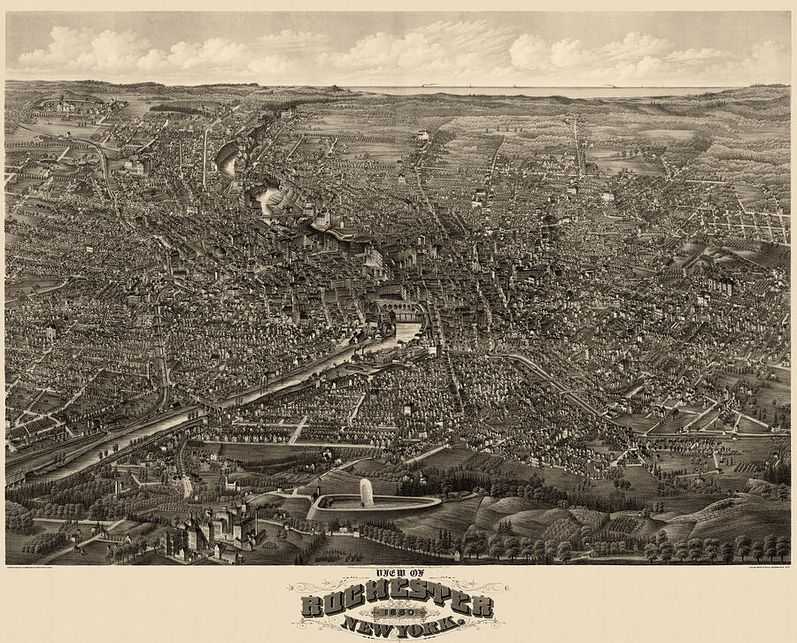 Antique Map of Rochester New York by H.H. Rowley and Co. - 1880 Drawing by Blue Monocle