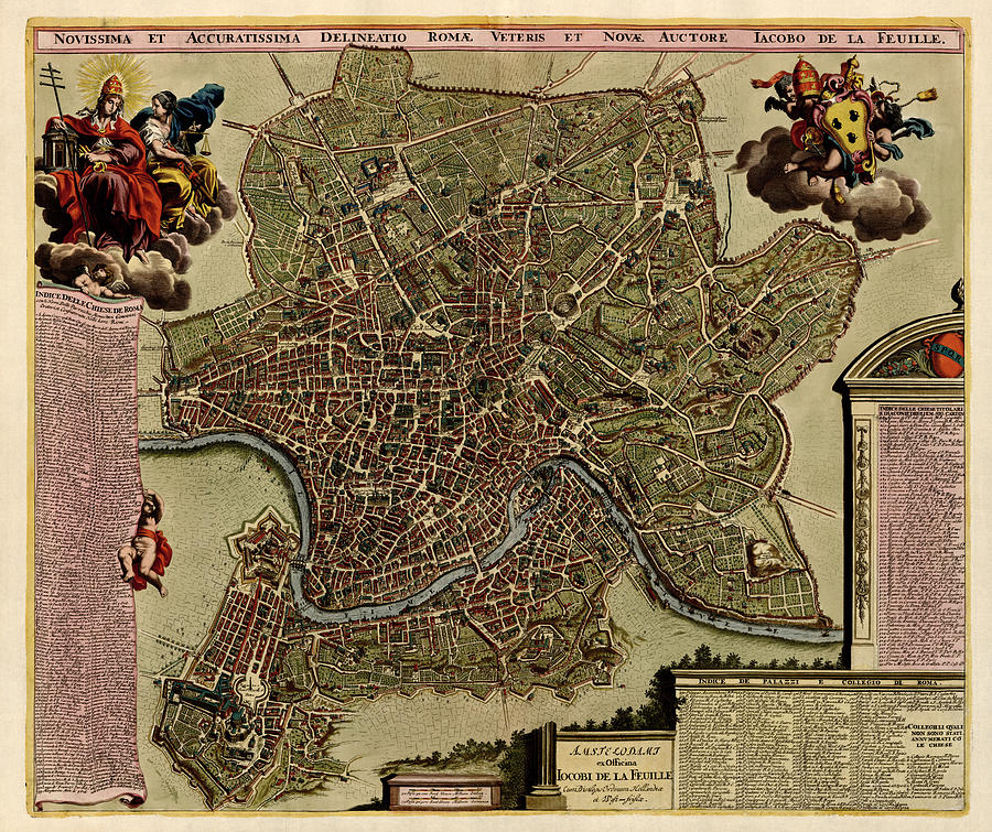 Antique Map of Rome by Jacob De La Feuille - circa 1710 Drawing by Blue Monocle