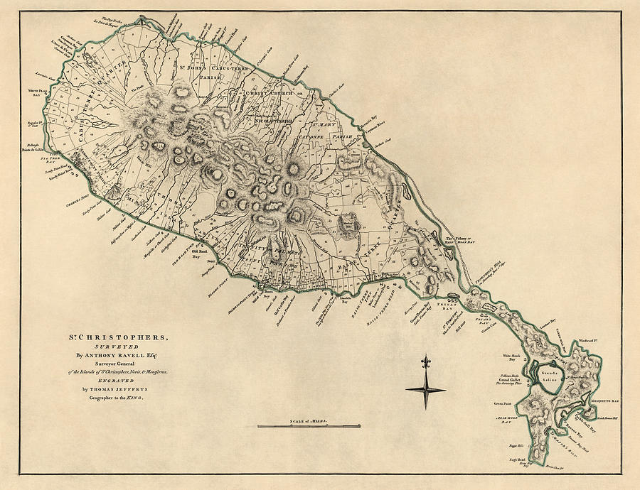 Antique Map of Saint Kitts and Nevis by Thomas Jefferys - 1768 Drawing by Blue Monocle
