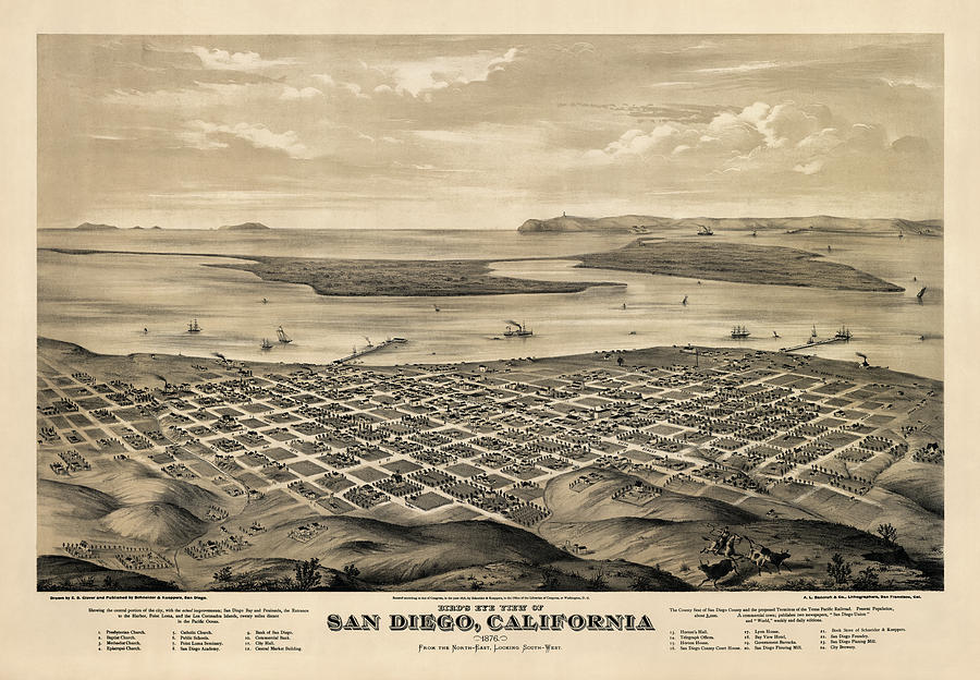 San Diego Drawing - Antique Map of San Diego California by E.S. Glover - 1876 by Blue Monocle