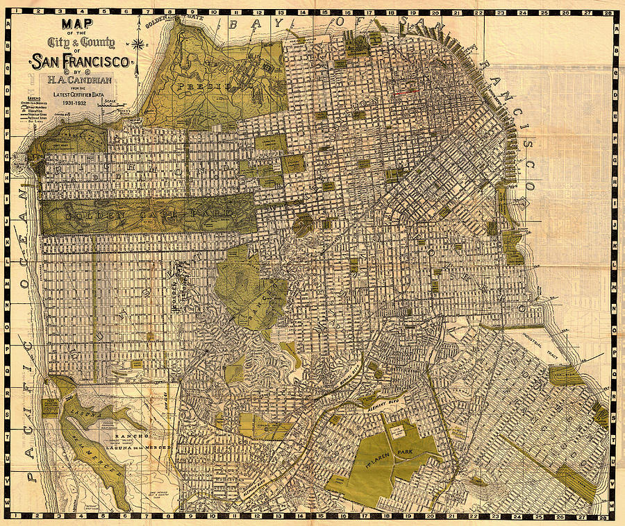 Map Drawing - Antique Map of San Francisco 1932 by Mountain Dreams