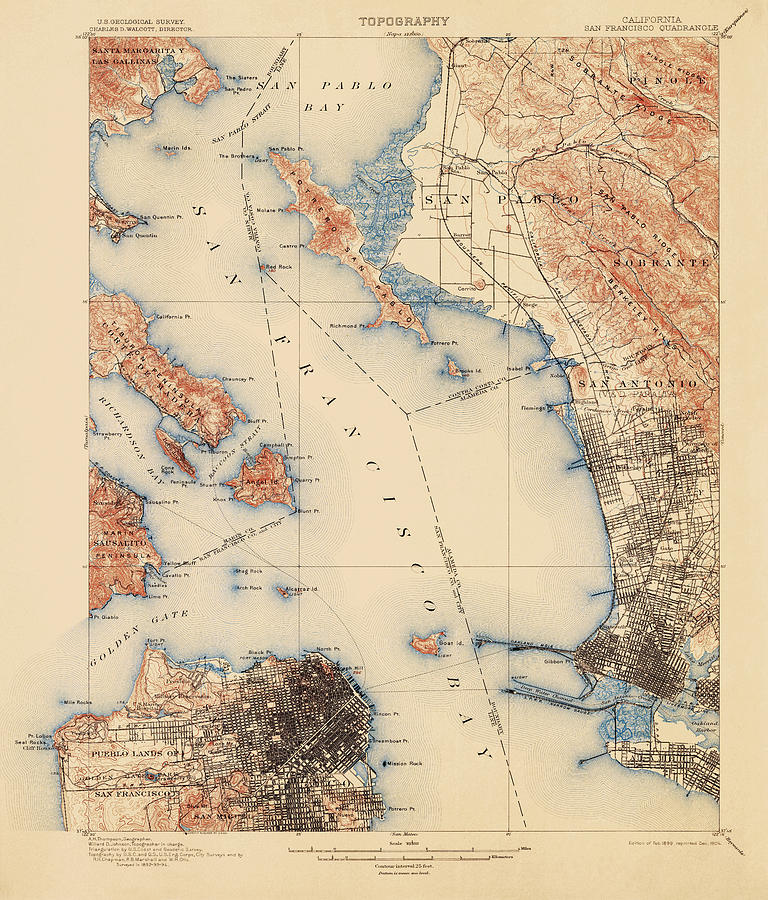 San Francisco Drawing - Antique Map of San Francisco and the Bay Area - USGS Topographic Map - 1899 by Blue Monocle