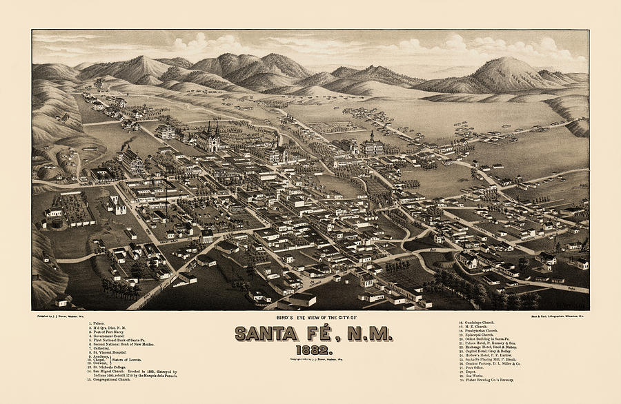 Antique Map of Santa Fe New Mexico by H. Wellge - 1882 Drawing by Blue Monocle