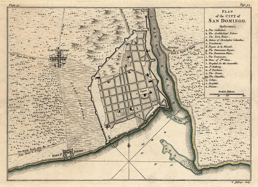 Antique Map of Santo Domingo Dominican Republic by Thomas Jefferys - 1768 Drawing by Blue Monocle
