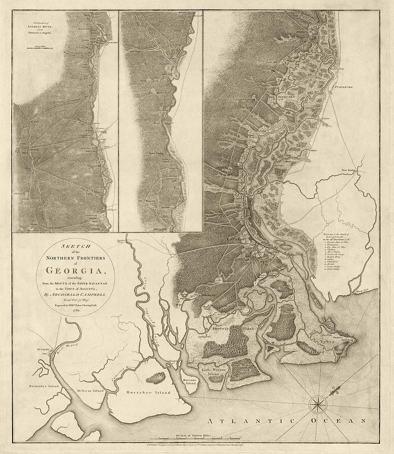 Map Drawing - Antique Map of Savannah Georgia by Archibald Campbell - 1780 by Blue Monocle