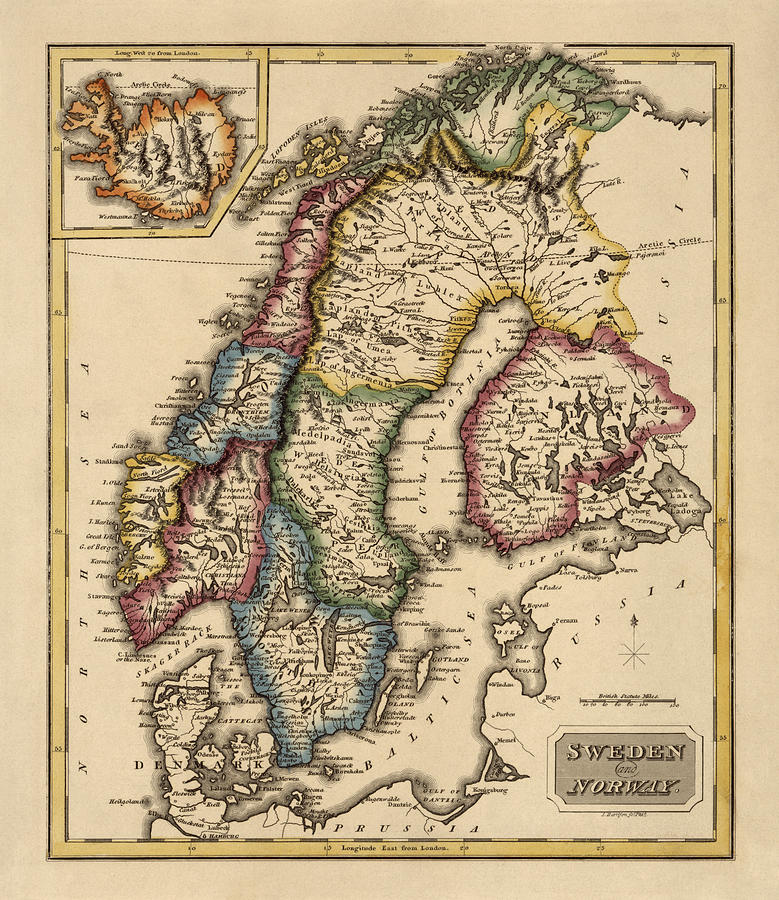 Map Drawing - Antique Map of Scandinavia by Fielding Lucas - circa 1817 by Blue Monocle