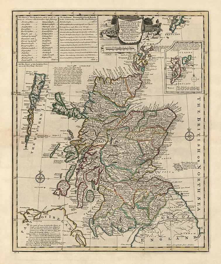 Map Drawing - Antique Map of Scotland by Emanuel Bowen - 1752 by Blue Monocle