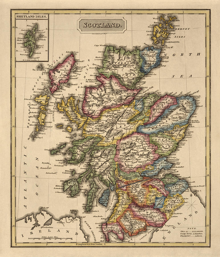 Map Drawing - Antique Map of Scotland by Fielding Lucas - circa 1817 by Blue Monocle