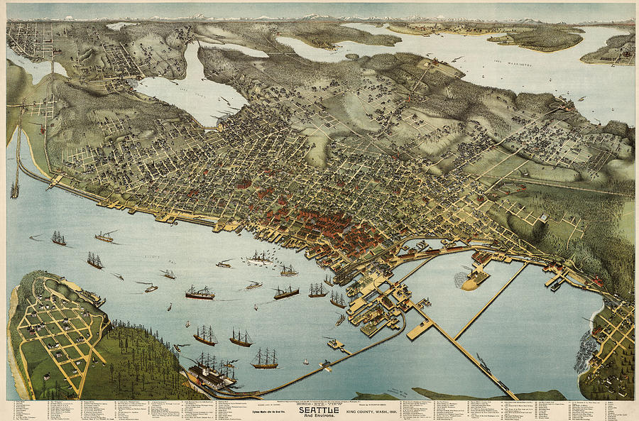 Antique Map of Seattle Washington by Augustus Koch - 1891 Drawing by Blue Monocle