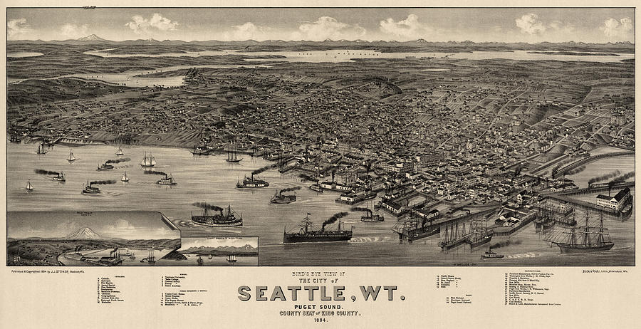 Antique Map of Seattle Washington by H. Wellge - 1884 Drawing by Blue Monocle