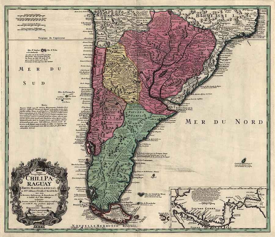 Antique Map of South America by Alonso de Ovalle - 1733 Drawing by Blue Monocle