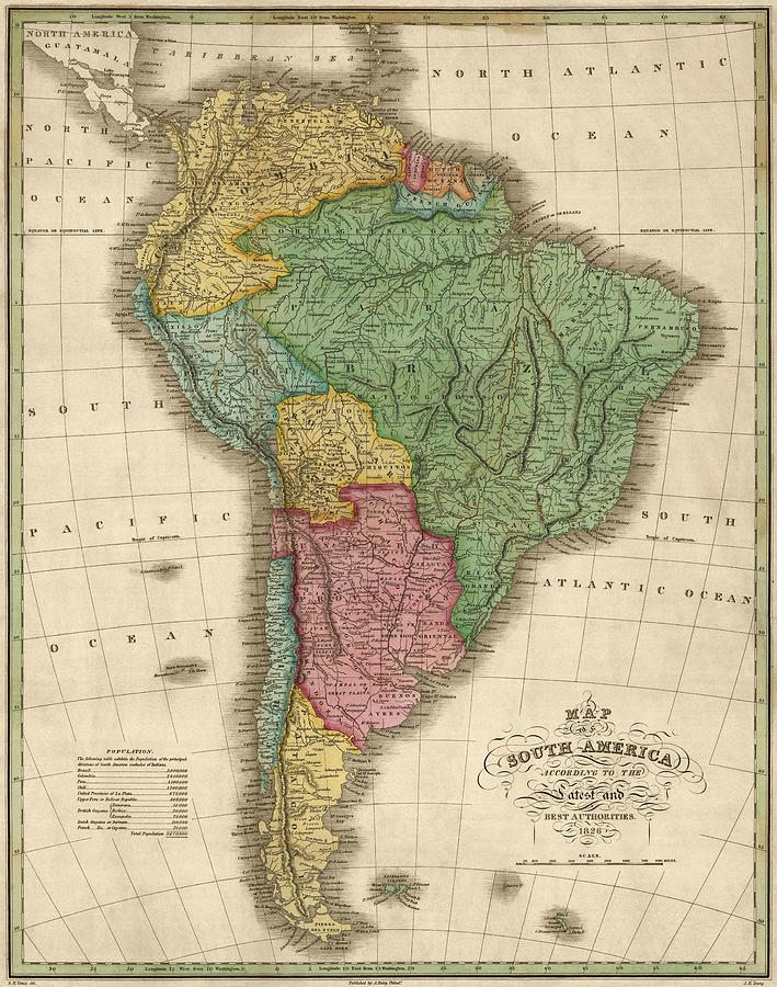 Antique Map of South America by Anthony Finley - 1826 Drawing by Blue Monocle