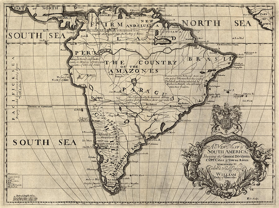 Antique Map of South America by Edward Wells - circa 1700 Drawing by Blue Monocle