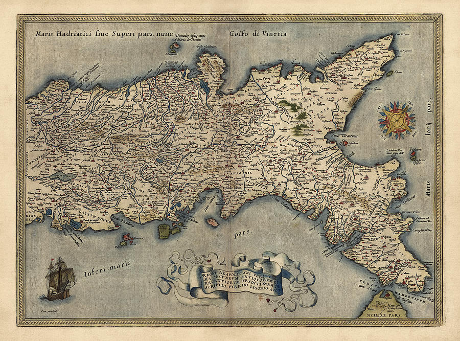 Map Drawing - Antique Map of Southern Italy by Abraham Ortelius - 1570 by Blue Monocle