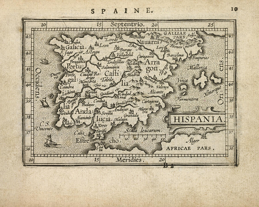 Antique Map of Spain and Portugal by Abraham Ortelius - 1603 Drawing by Blue Monocle