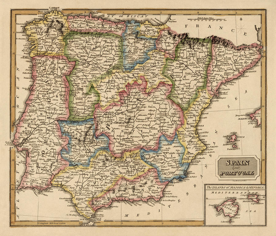 Map Drawing - Antique Map of Spain and Portugal by Fielding Lucas - circa 1817 by Blue Monocle