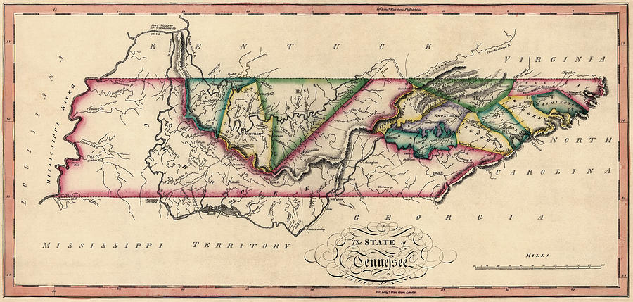 Antique Map of Tennessee by Samuel Lewis - circa 1810 Drawing by Blue Monocle