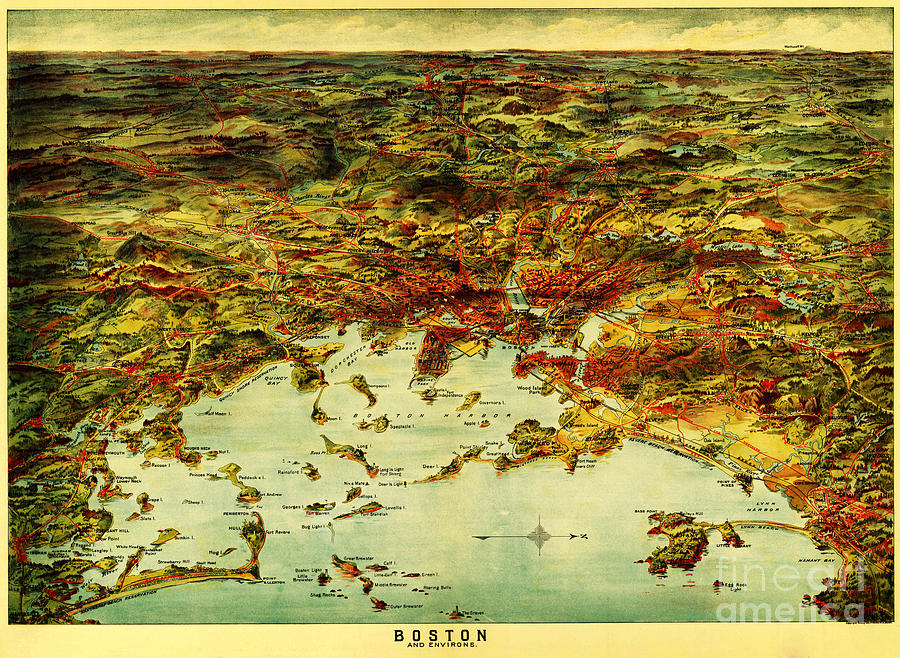 Map Painting - Boston Harbor 1905 by Celestial Images