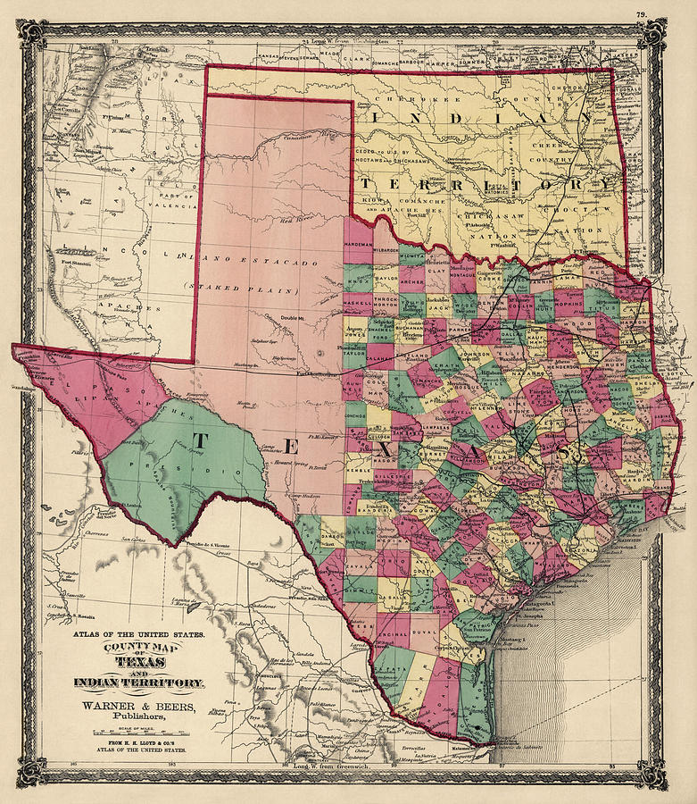 Texas Map Drawing - Antique Map of Texas and Oklahoma by H. H. Lloyd and Co. - 1875 by Blue Monocle