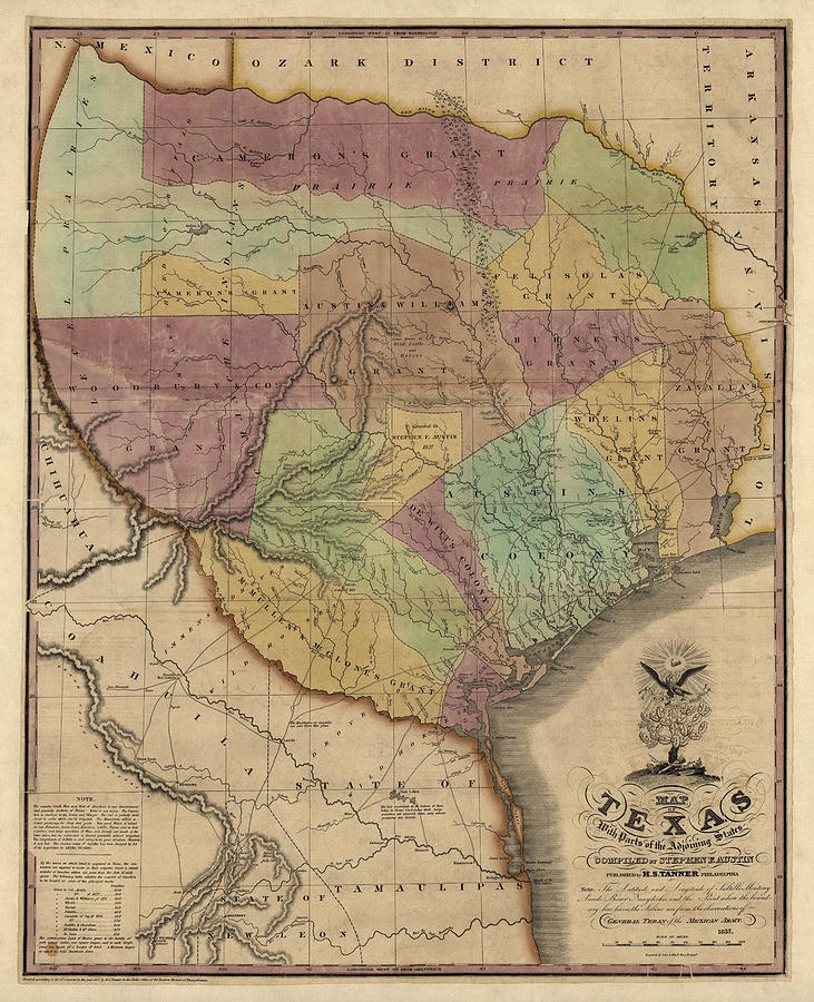 Texas Map Drawing - Antique Map of Texas by Stephen F. Austin - 1837 by Blue Monocle