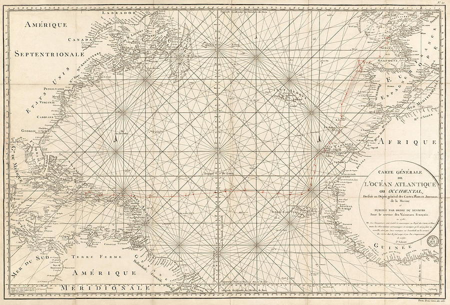 Map Drawing - Antique Map of the Atlantic Ocean - 1792 by Blue Monocle