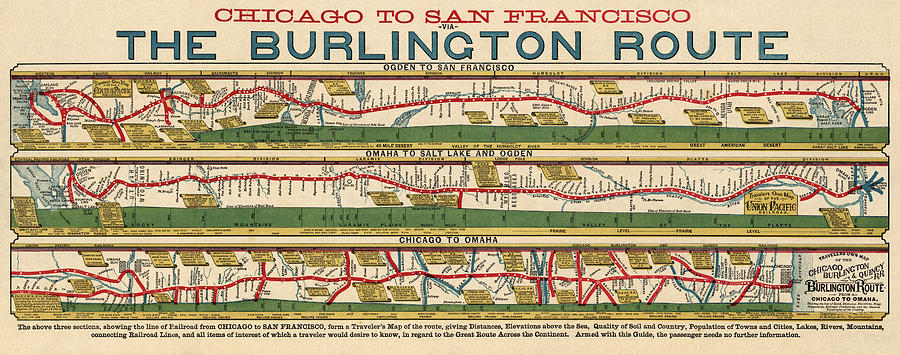 Antique Map of the Burlington Route by H. R. Page and Co. - circa 1879 Drawing by Blue Monocle
