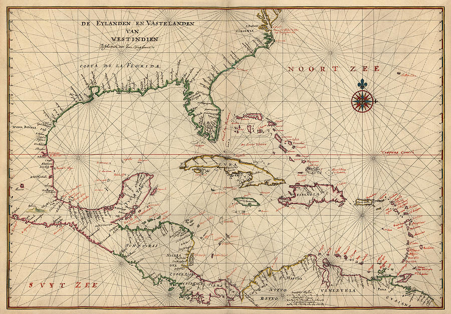 Map Drawing - Antique Map of the Caribbean and Central America by Joan Vinckeboons - circa 1639 by Blue Monocle