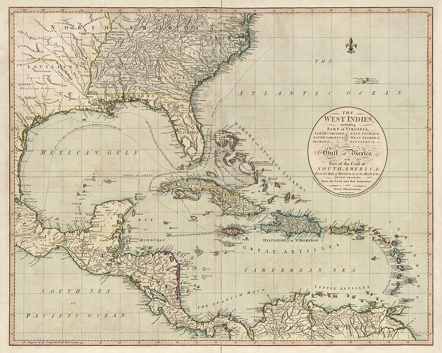 Map Drawing - Antique Map of the Caribbean and Central America by John Cary - 1783 by Blue Monocle