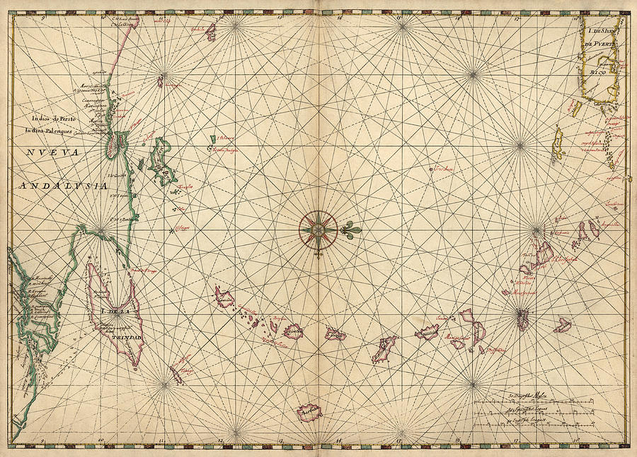 Map Drawing - Antique Map of the Caribbean by Joan Vinckeboons - circa 1650 by Blue Monocle