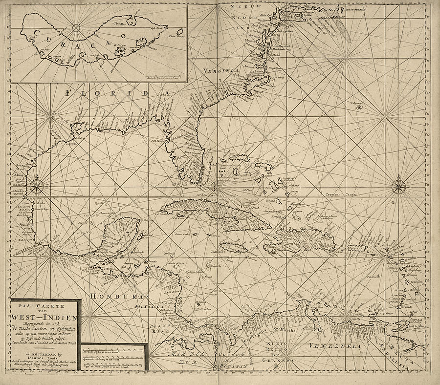 Map Drawing - Antique Map of the Caribbean by Johannes Loots - circa 1705 by Blue Monocle