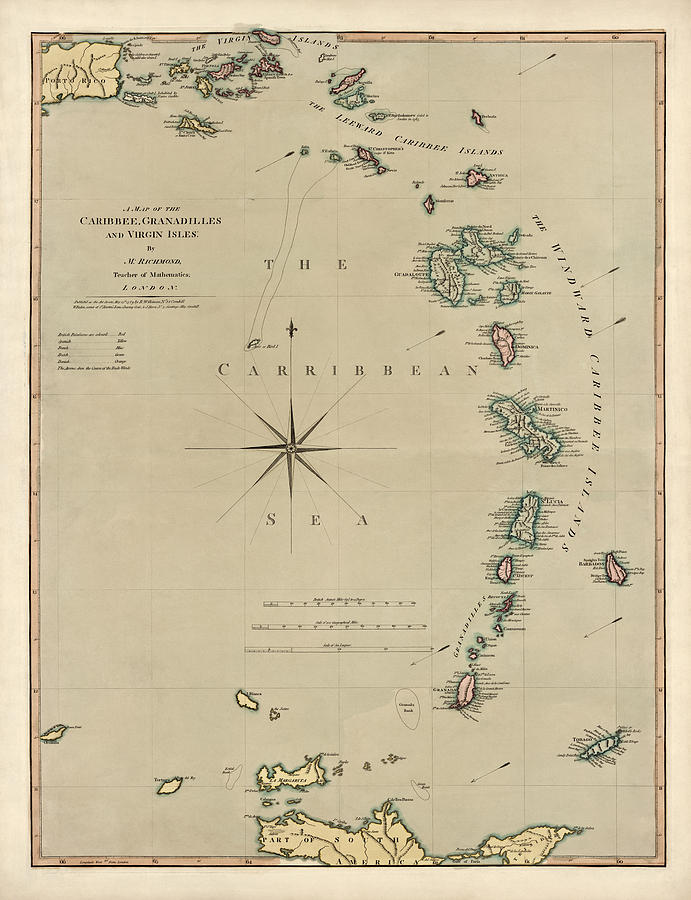 Map Drawing - Antique Map of the Caribbean - Lesser Antilles - by Mathew Richmond - 1789 by Blue Monocle