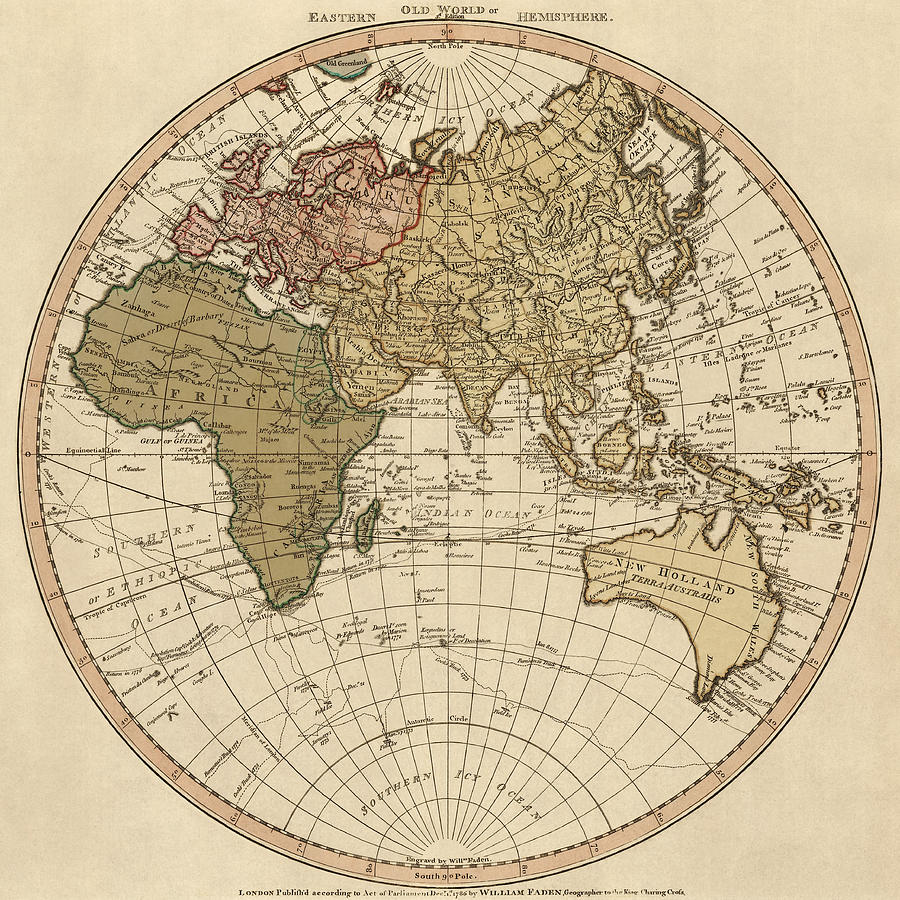 Map Drawing - Antique Map of the Eastern Hemisphere by William Faden - 1786 by Blue Monocle