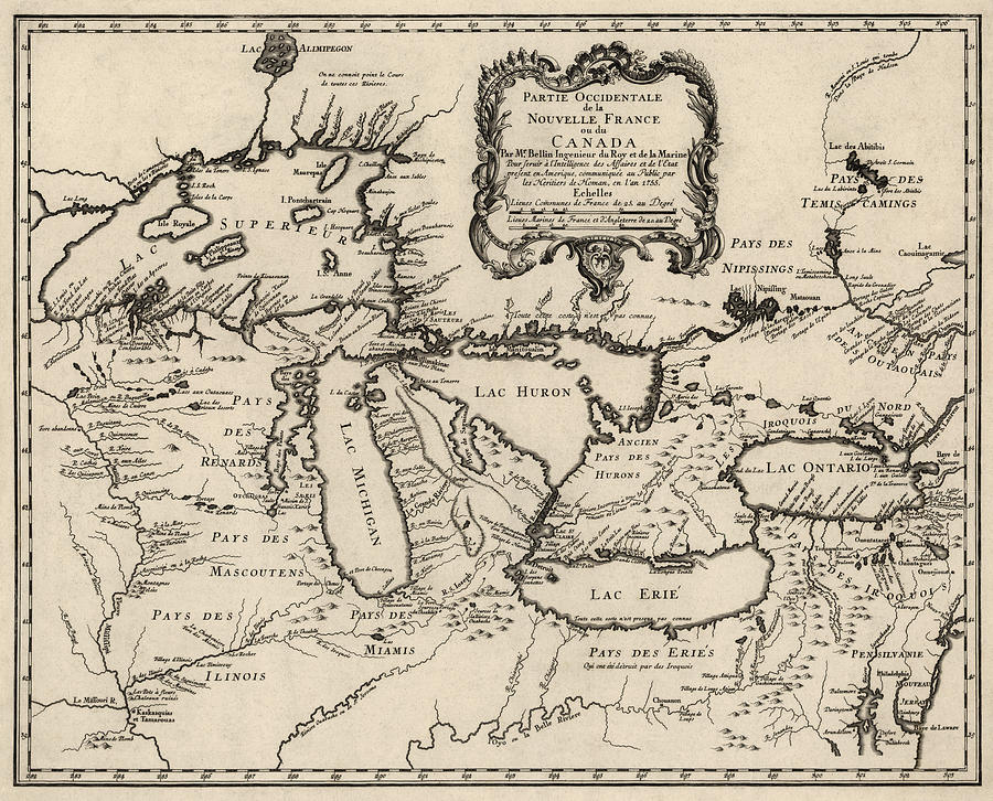 Great Lakes Drawing - Antique Map of the Great Lakes by Jacques Nicolas Bellin - 1755 by Blue Monocle