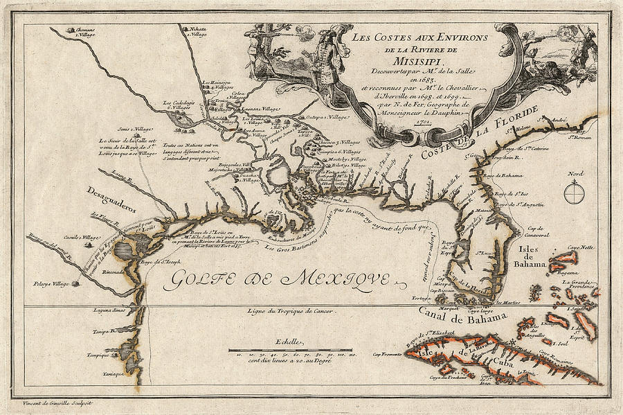 Antique Map of the Gulf Coast and the Southeast by Nicolas de Fer - 1701 Drawing by Blue Monocle