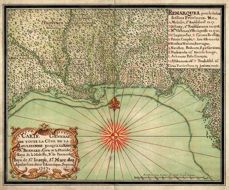 Antique Map of the Gulf Coast by Alexandre de Batz - 1747 Drawing by Blue Monocle