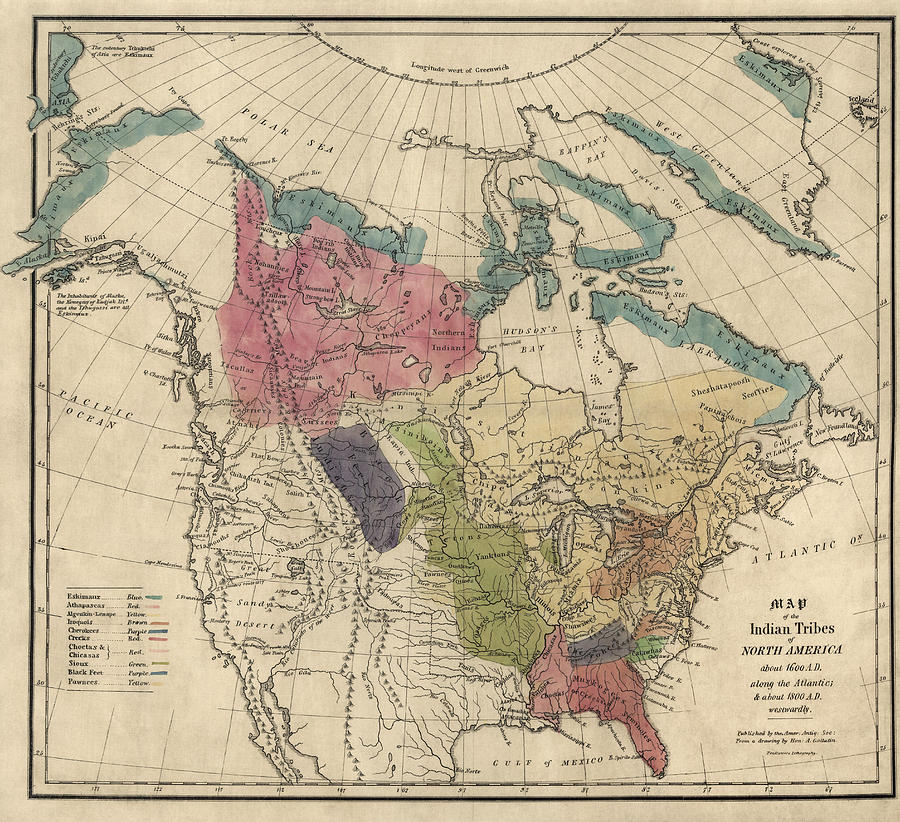 Antique Map of the Indian Tribes of North America by Albert Gallatin - 1836 Drawing by Blue Monocle