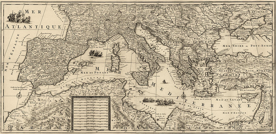Antique Map of the Mediterranean by Guillaume Sanson - circa 1680 Drawing by Blue Monocle